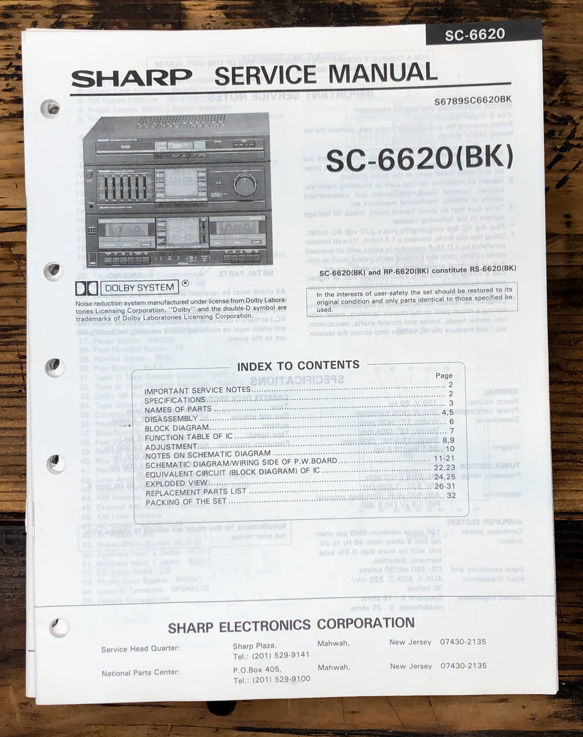 Sharp SC-6620 Stereo System Service Manual *Original*
