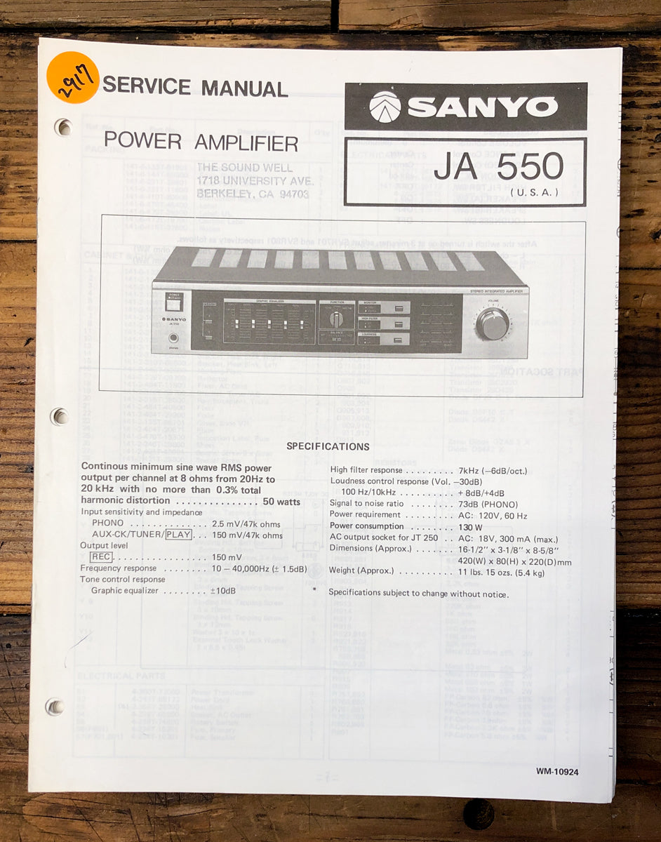 Sanyo JA550 JA-550 Amplifier Service Manual *Original*