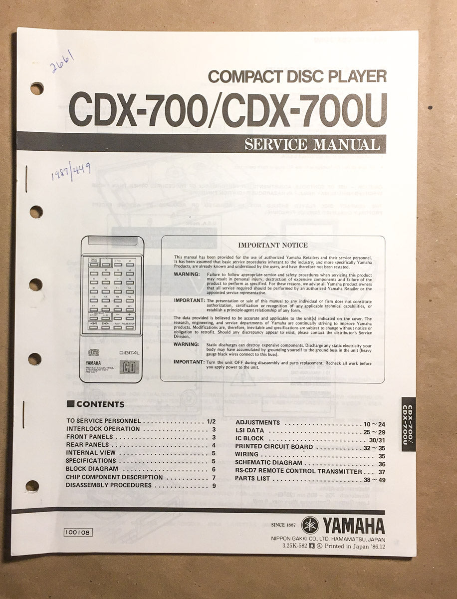 Yamaha CDX-700 CDX-700U CD Player Service Manual *Original*