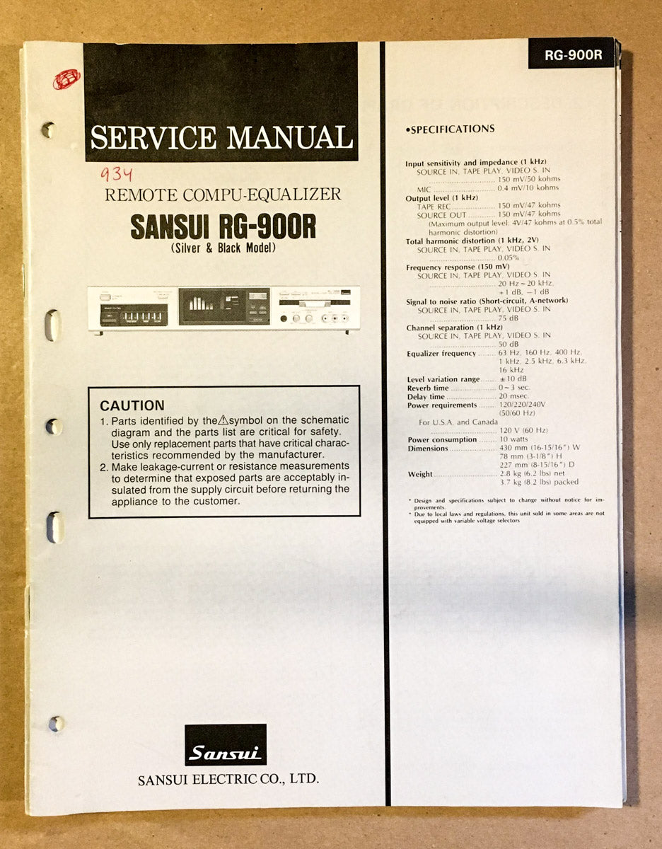 Sansui RG-900R Equalizer Service Manual *Original*