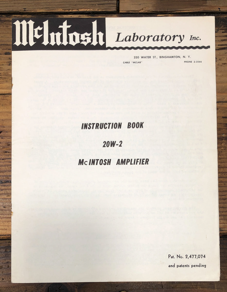 McIntosh 20W-2 Amplifier Owners / User Manual *Original*