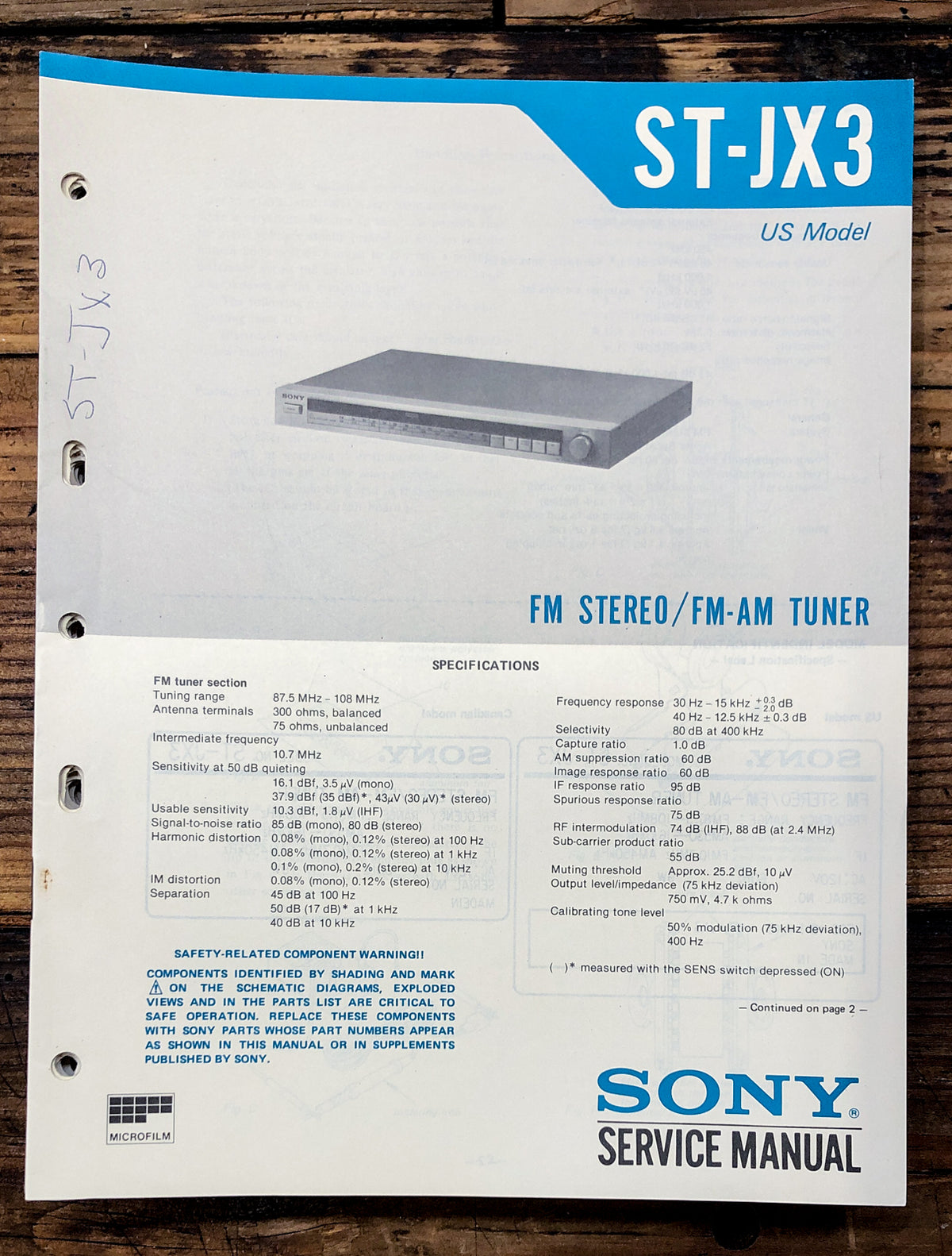 Sony ST-JX3 Tuner Service Manual *Original*