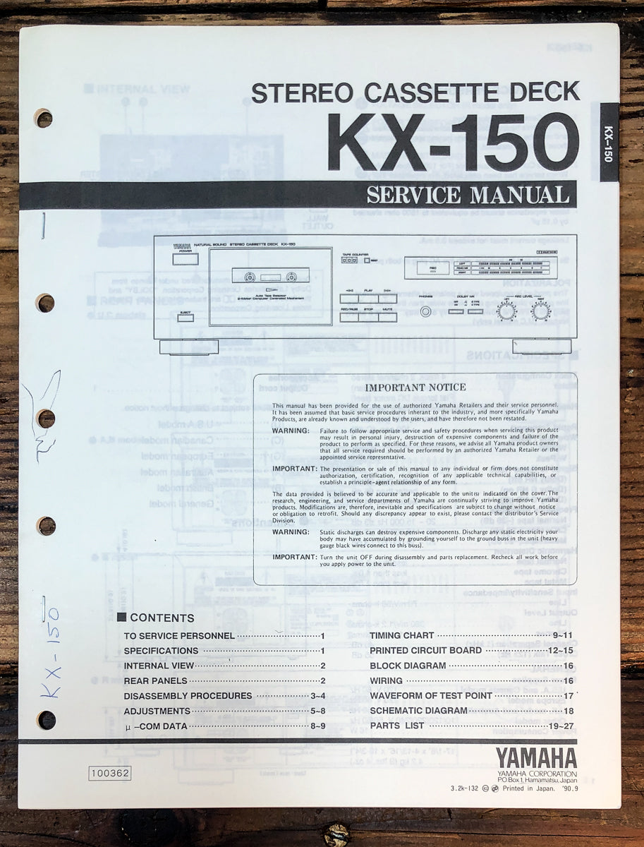 Yamaha KX-150 Cassette Service Manual *Original*