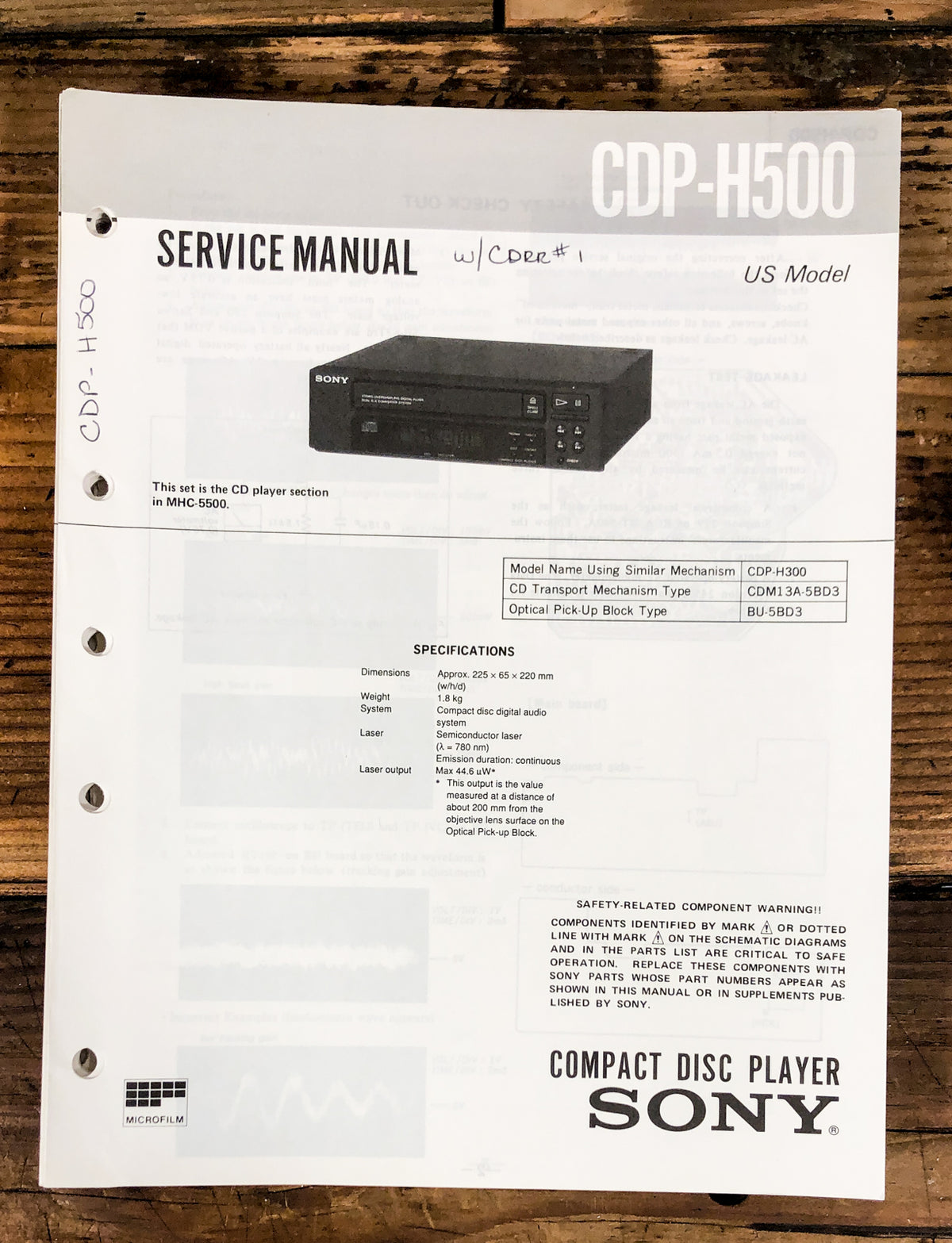 Sony CDP-H500 CD Player Service Manual *Original*