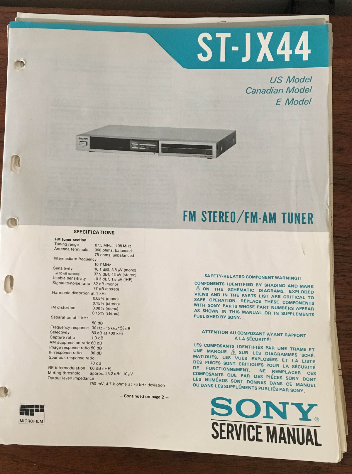 Sony ST-JX44 Tuner Service Manual *Original*