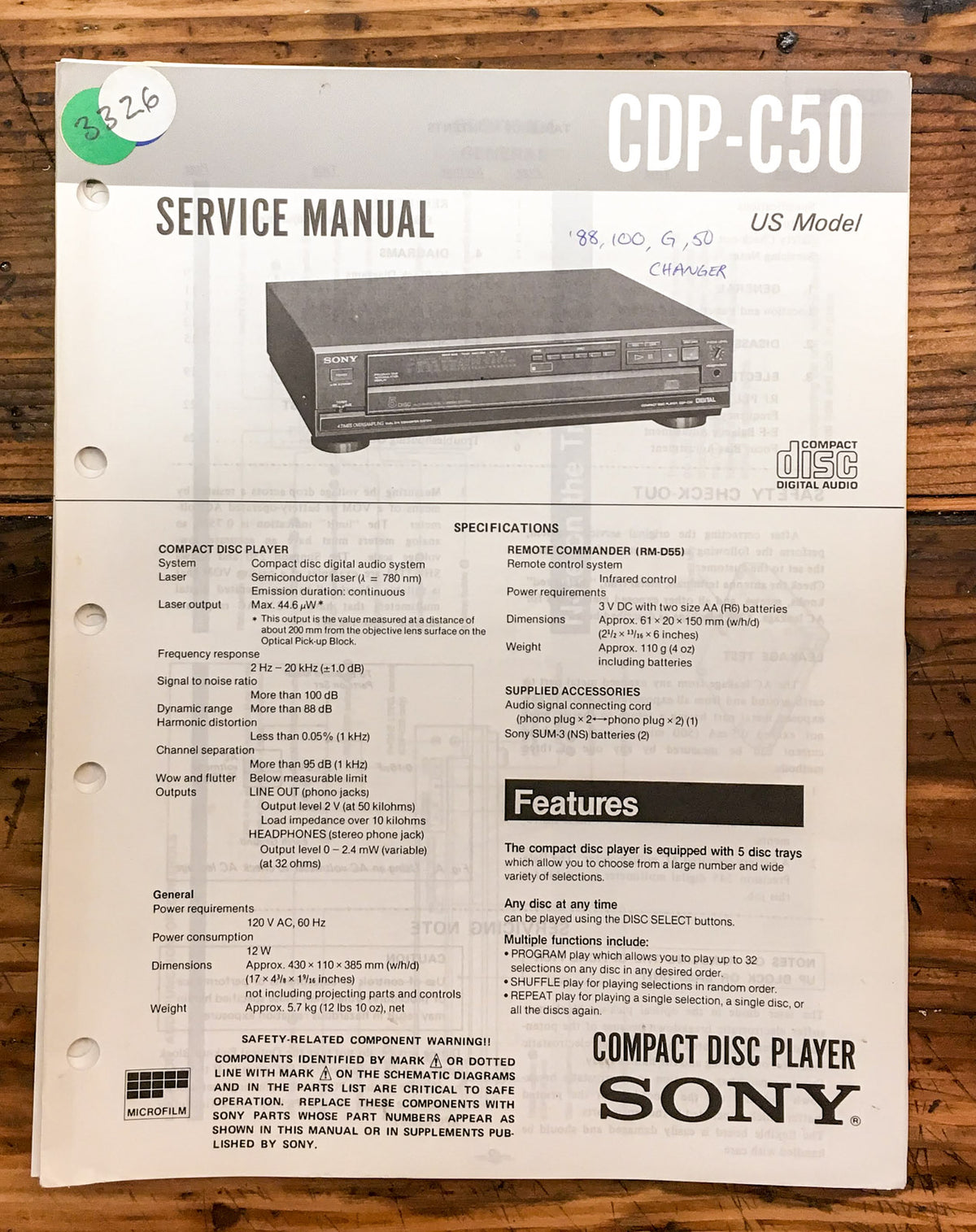 Sony CDP-C50 CD Player Service Manual *Original*