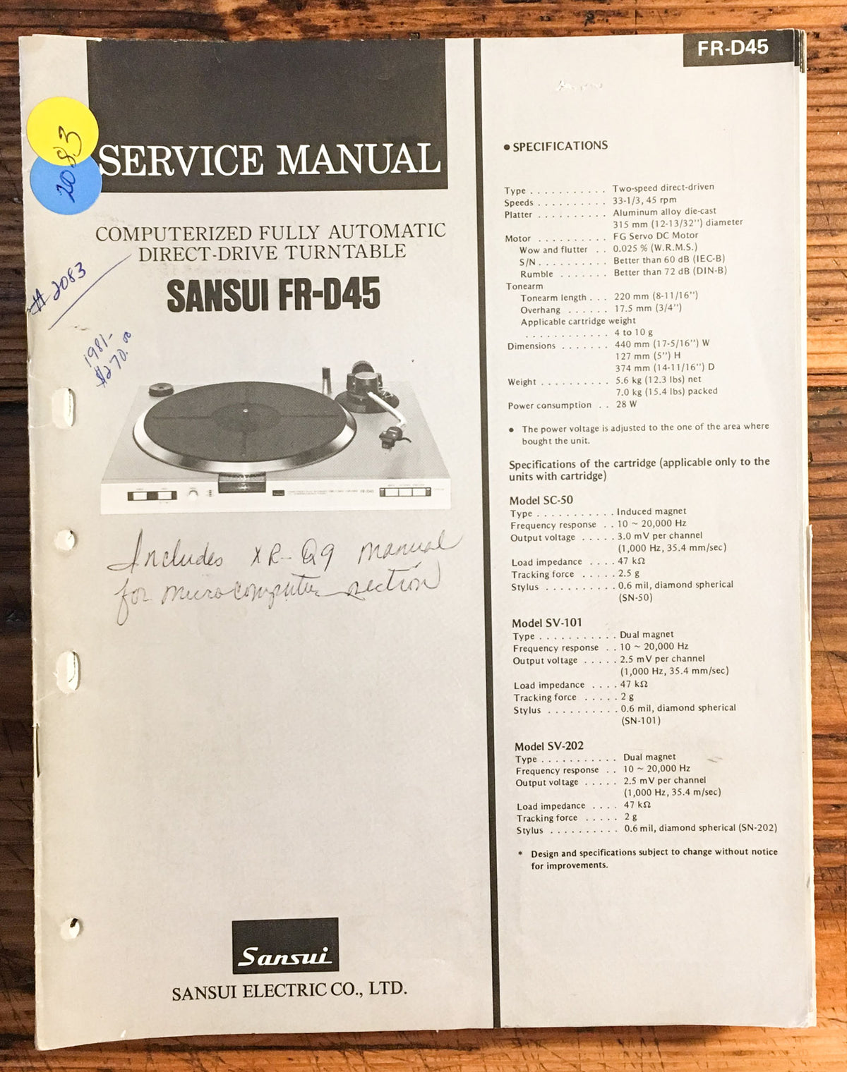 Sansui FR-D45 Record Player / Turntable Service Manual *Original*