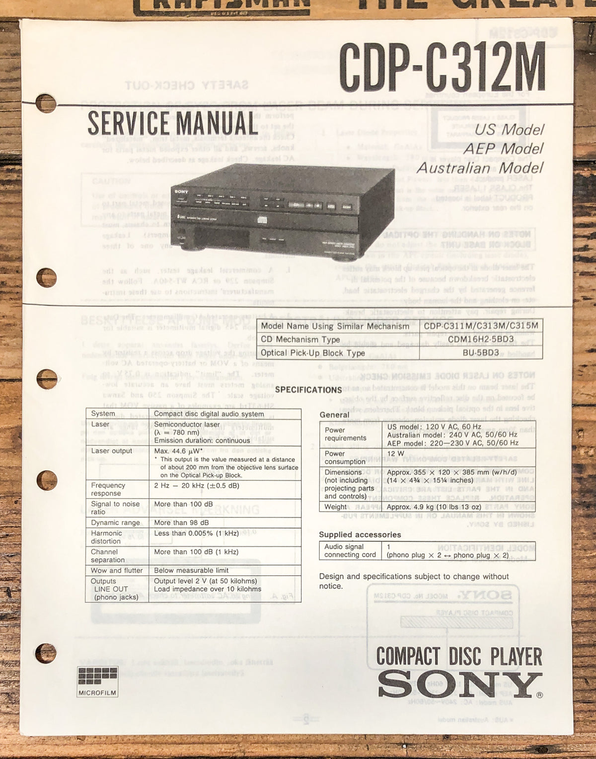 Sony CDP-C312M CD Player Service Manual *Original*