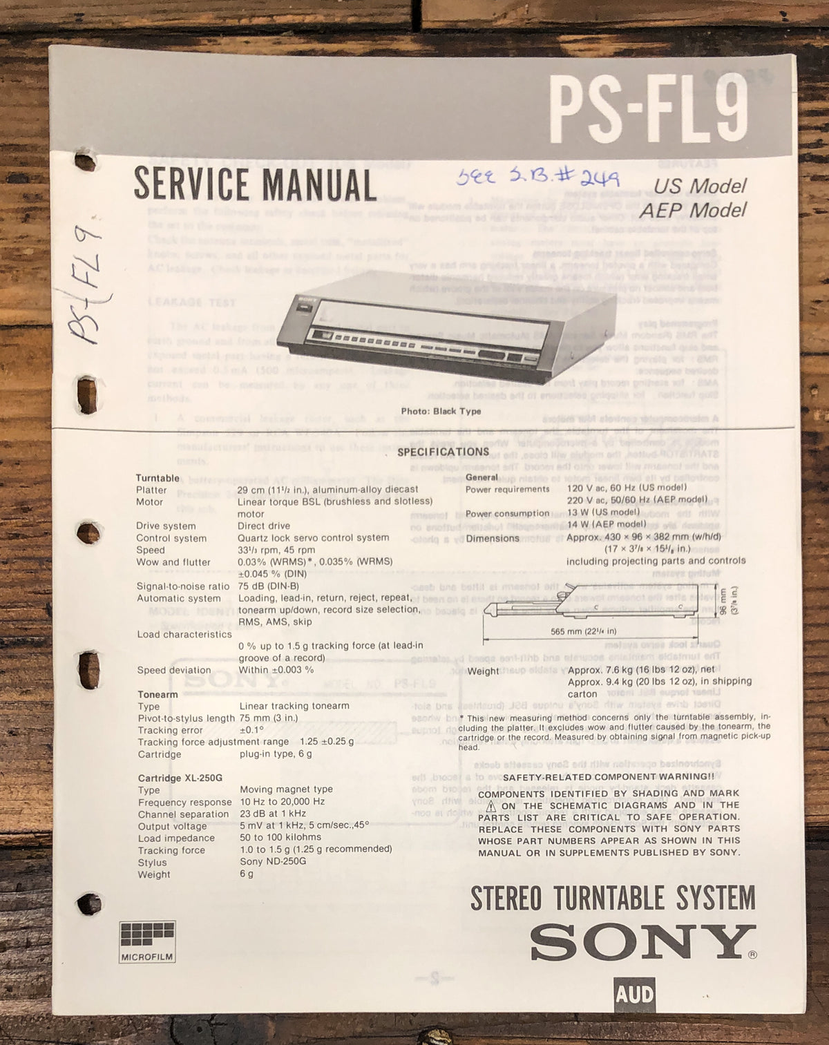 Sony PS-FL9 Record Player / Turntable Service Manual *Original*