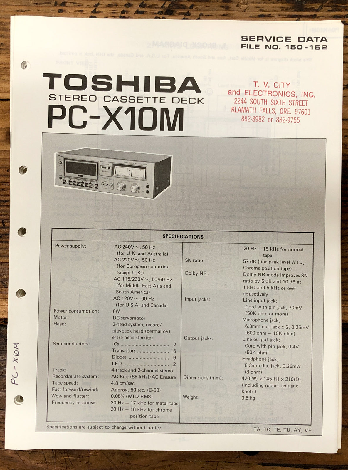 Toshiba PC-X10M Cassette Deck Service Manual *Original*