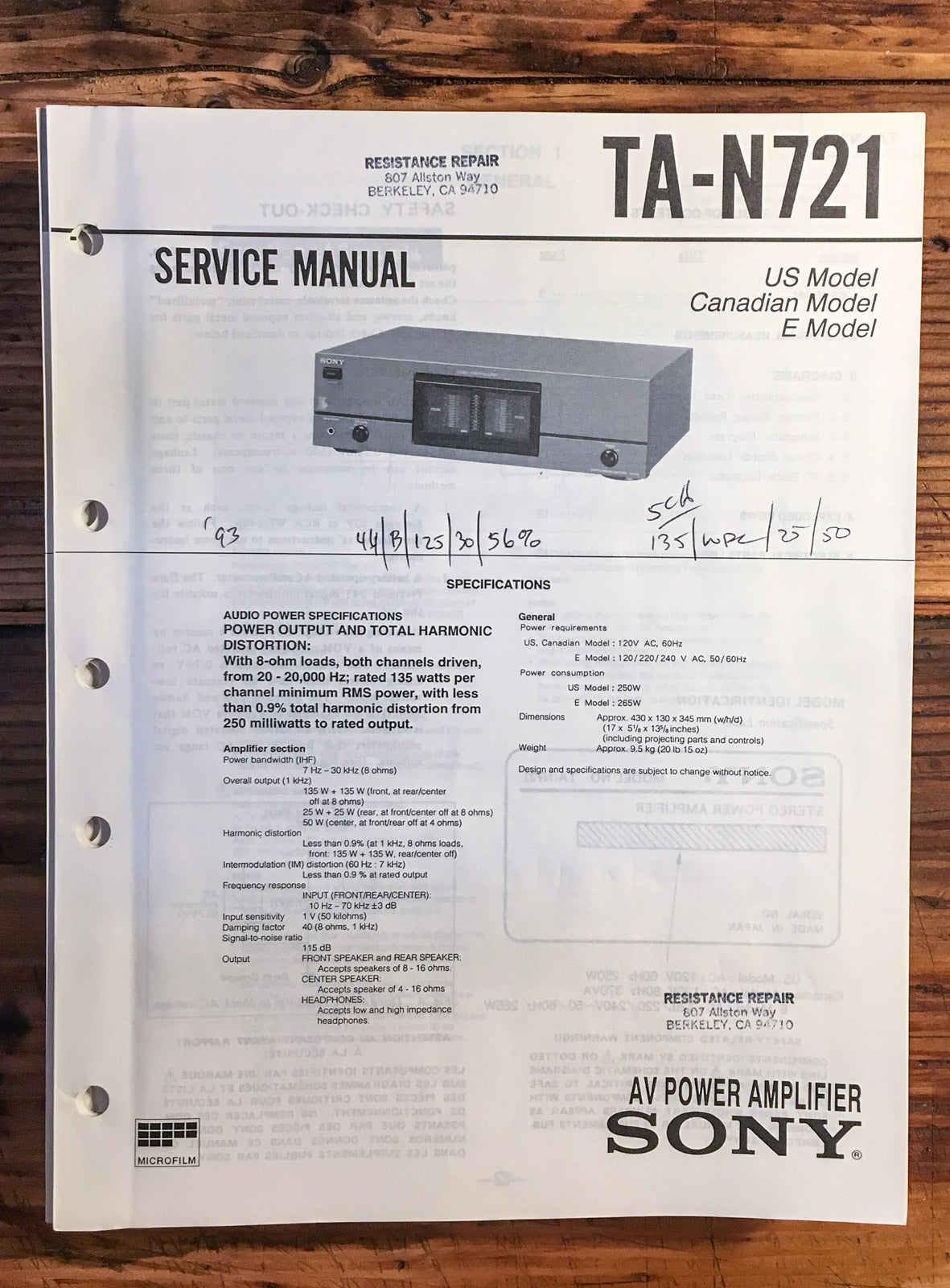 Sony TA-N721 Amplifier Service Manual *Original*