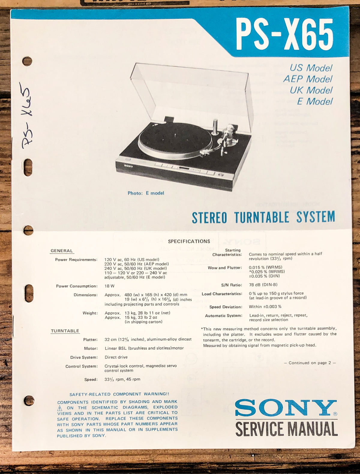 Sony PS-X65 Record Player / Turntable Service Manual *Original*