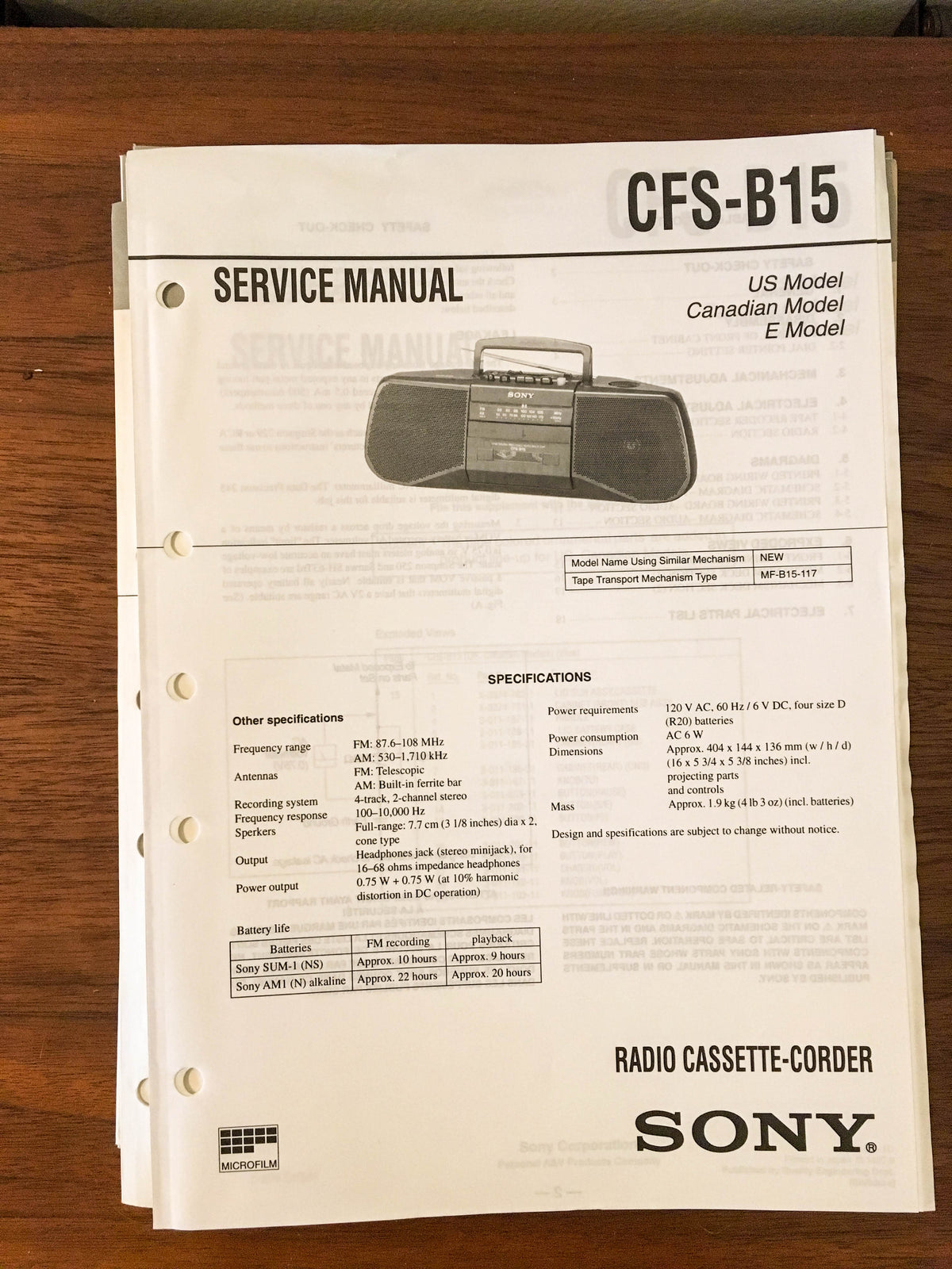 Sony CFS-B15 RADIO CASSETTE Service Manual *Original*