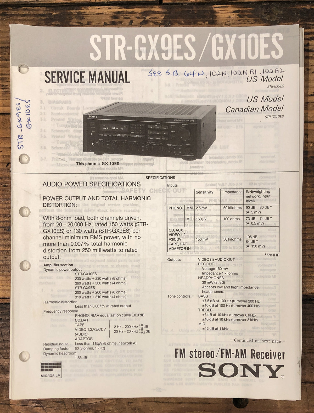 Sony STR-GX9ES STR-GX10ES Receiver Service Manual *Original*