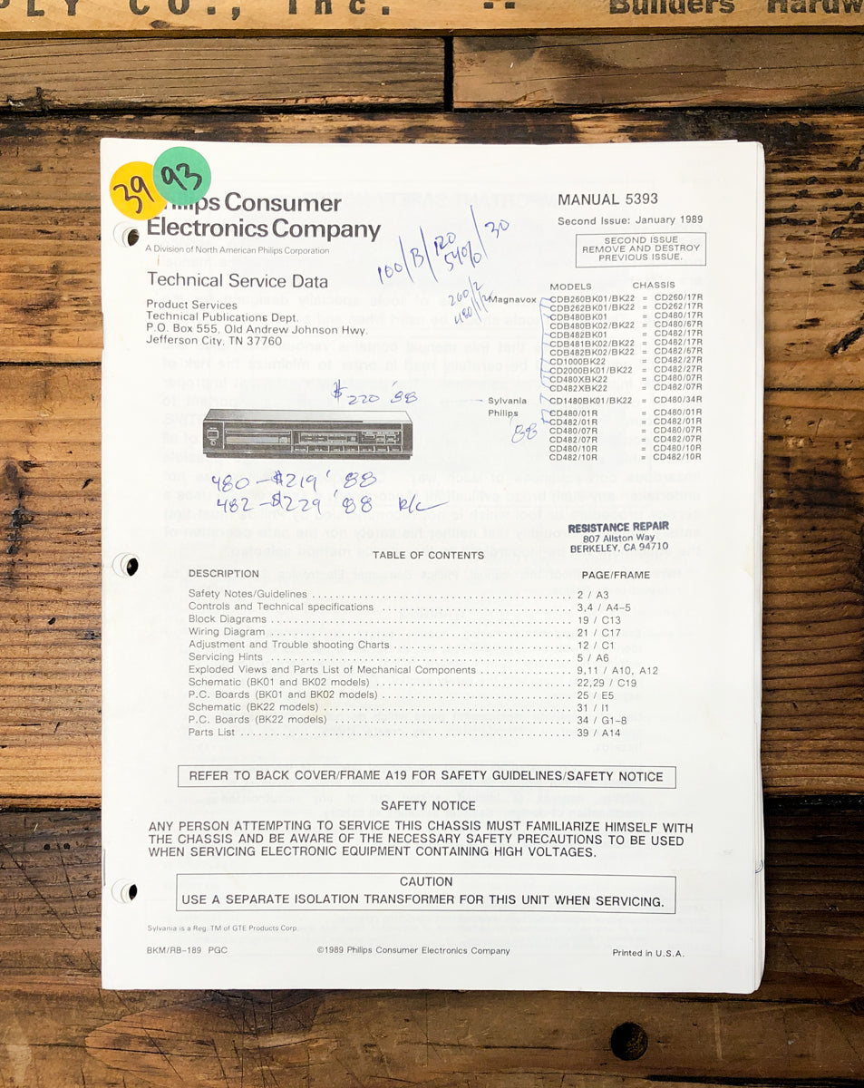 Philips CD480 482 2000 CDB 260 262 481 482 CD Player Service Manual *Original*