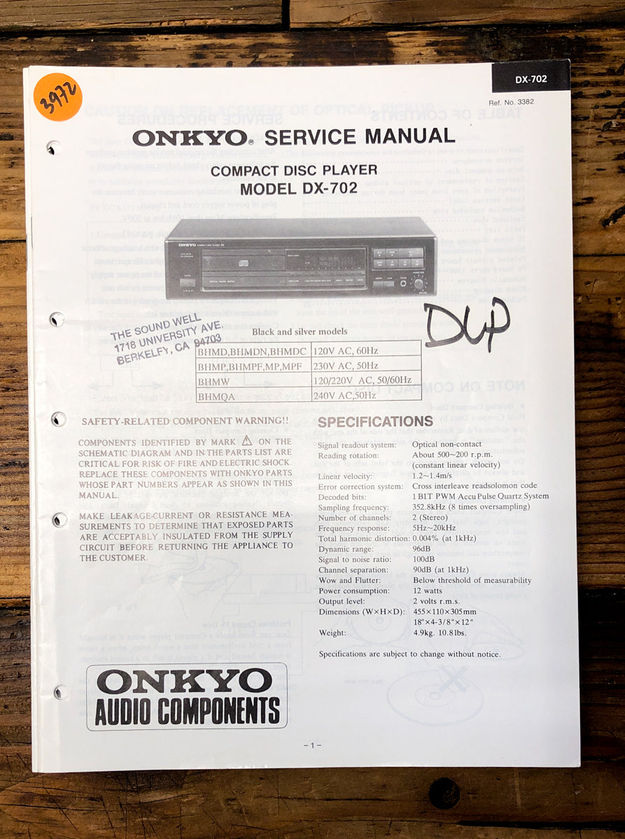 Onkyo DX-702 CD Player Service Manual *Original*