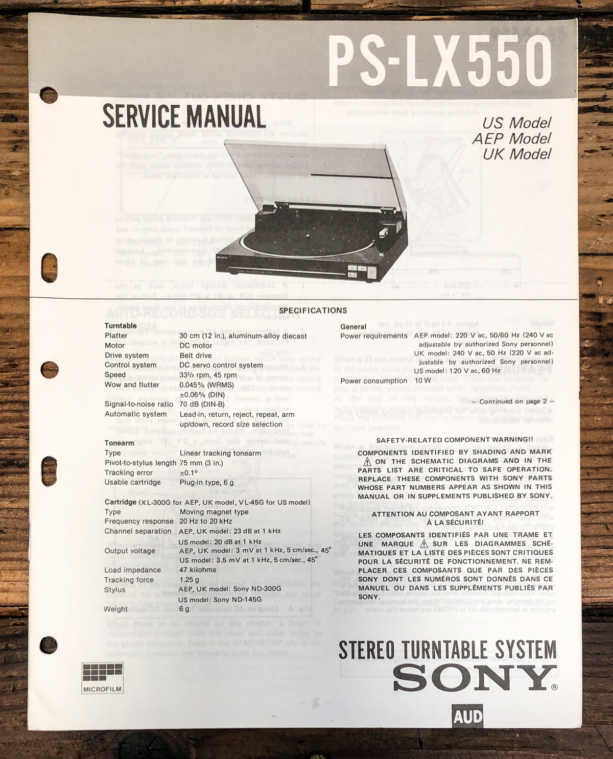 Sony PS-LX550 Record Player / Turntable Service Manual *Original*