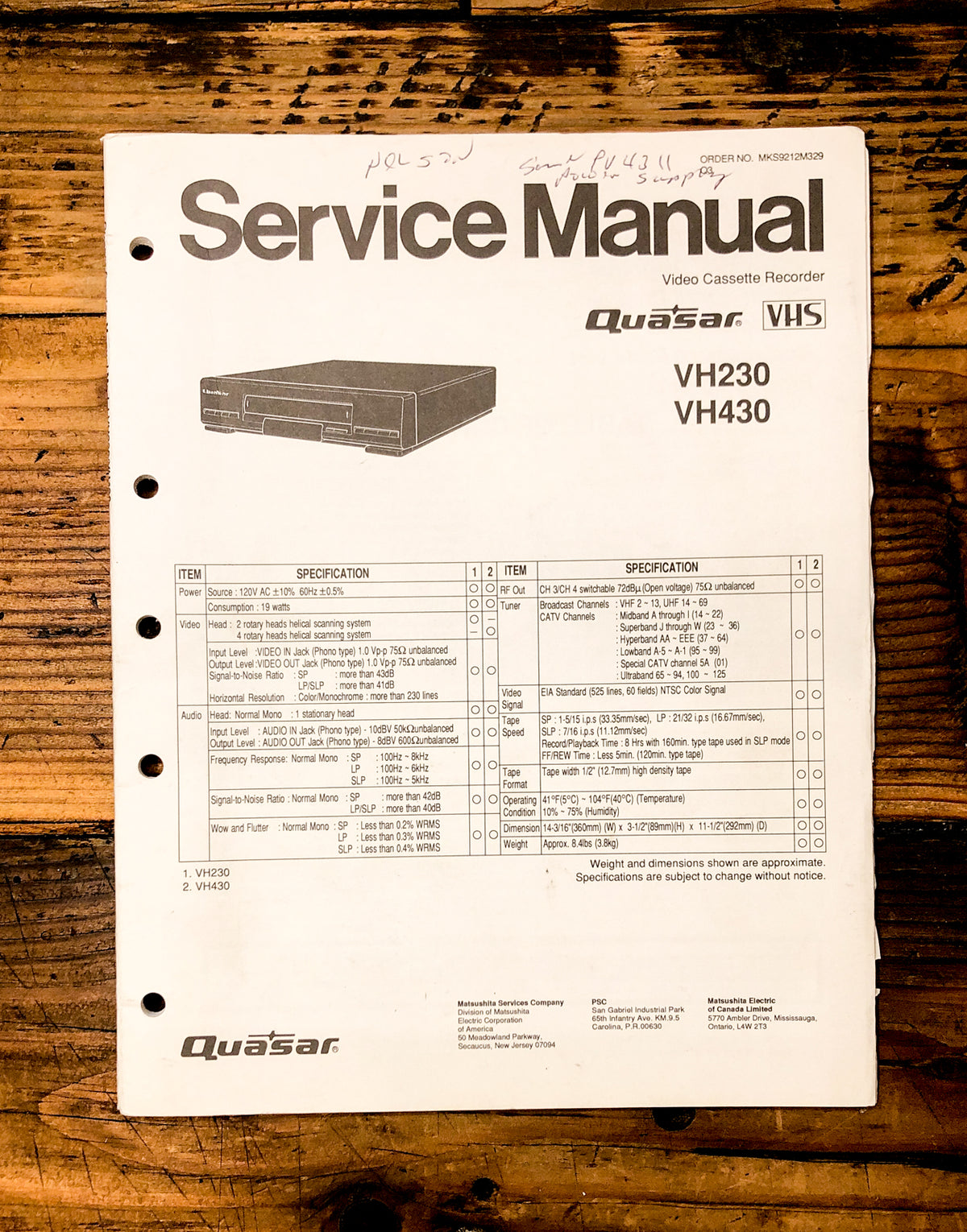 Quasar VH230 VH430 VCR Service Manual *Original*