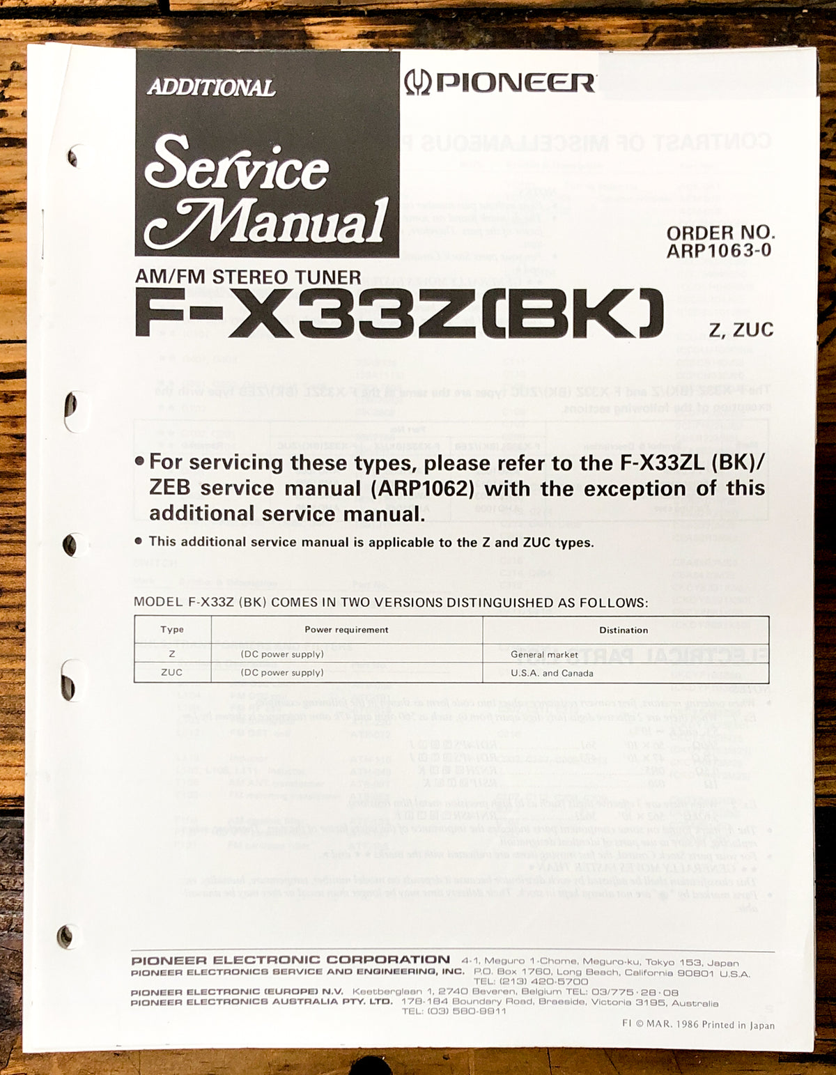 Pioneer F-Z33Z Tuner Add. Service Manual *Original*