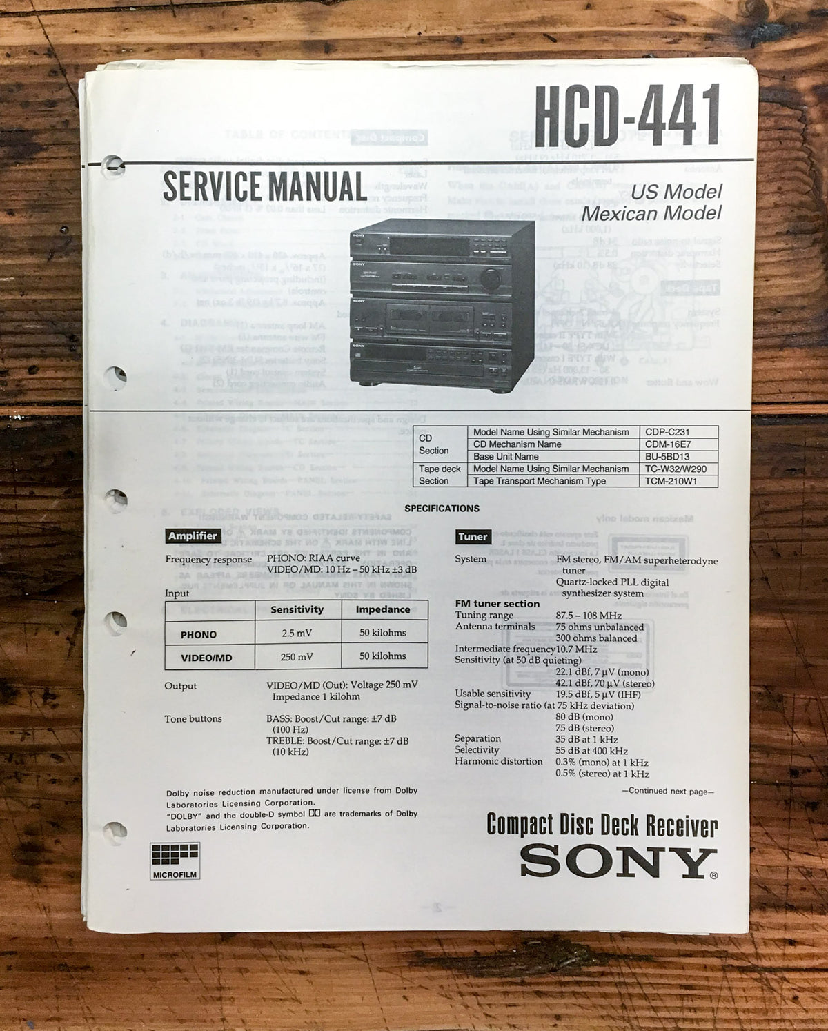 Sony HCD-441 Stereo Service Manual *Original*
