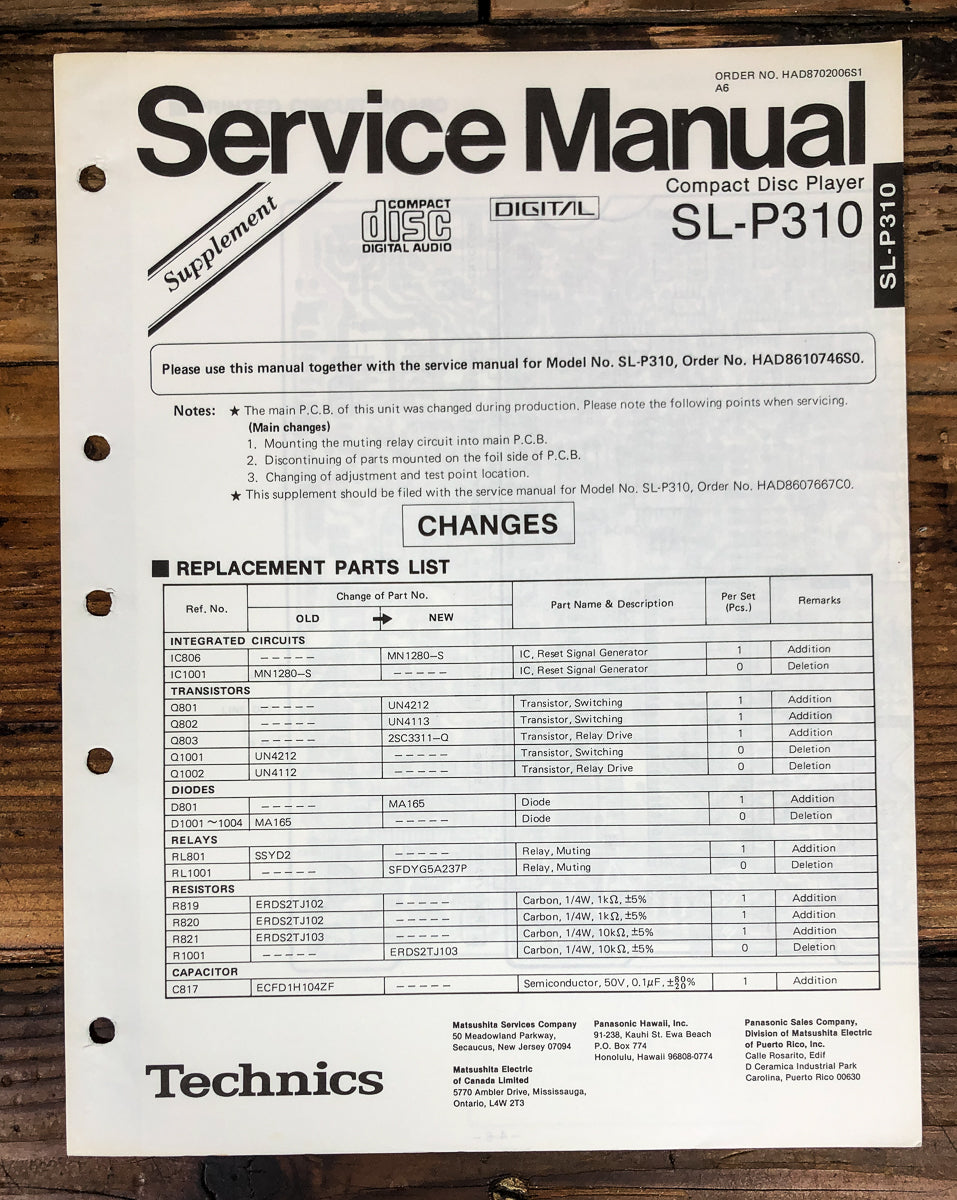Technics SL-P310 CD Player Supp. Service Manual *Original* #1