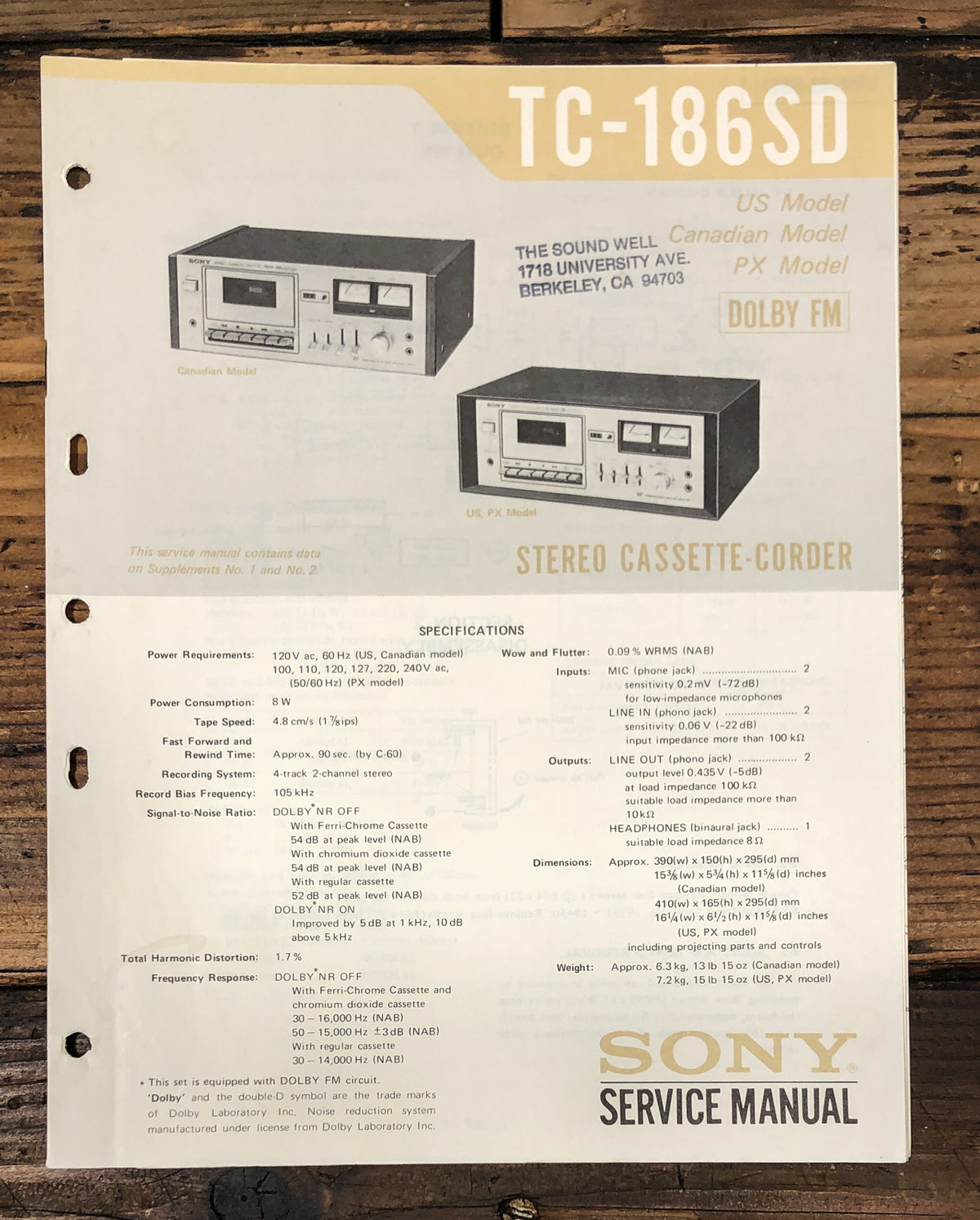 Sony TC-186SD Cassette Service Manual *Original*