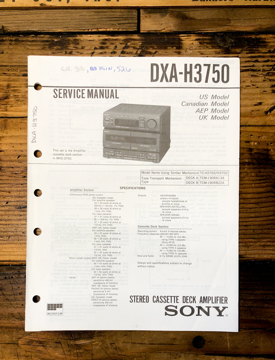 Sony DXA-H3750 Stereo Service Manual *Original*