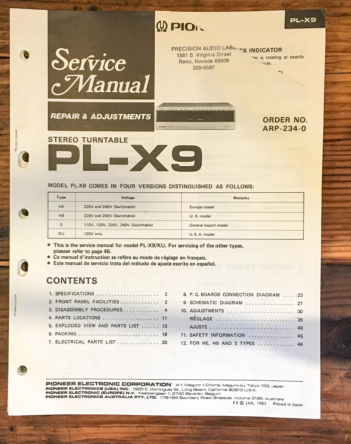Pioneer PL-X9 Record Player / Turntable Service Manual *Original*