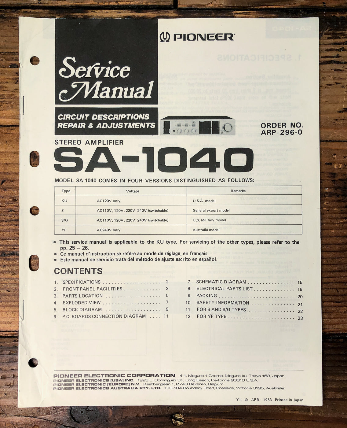 Pioneer SA-1040 Amplifier Service Manual *Original*