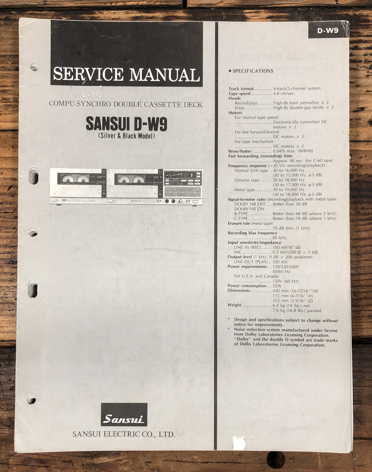 Sansui D-W9 Cassette Service Manual *Original*