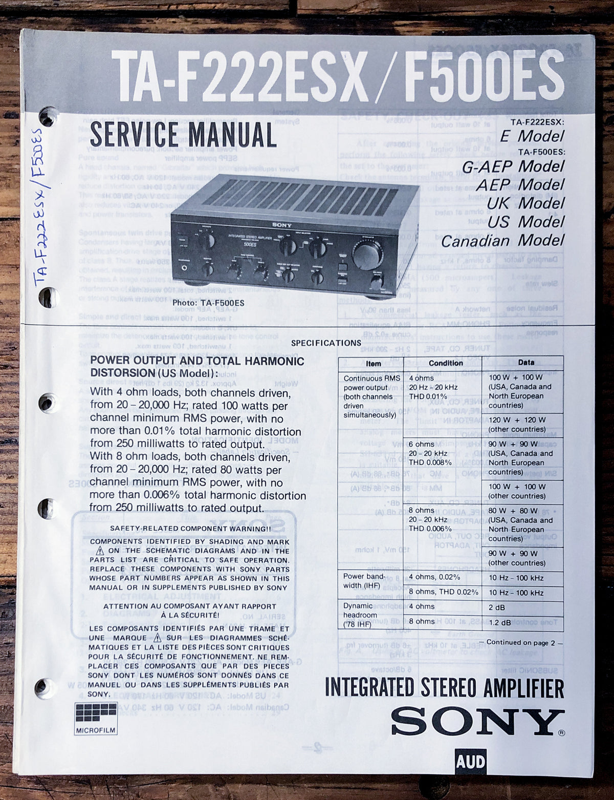 Sony TA-F222ESX TA-F500ES Amplifier Service Manual *Original*