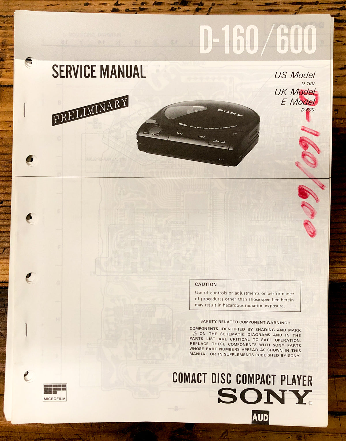 Sony D-160 D-600 CD Player / Discman Prelim. Service Manual *Original*