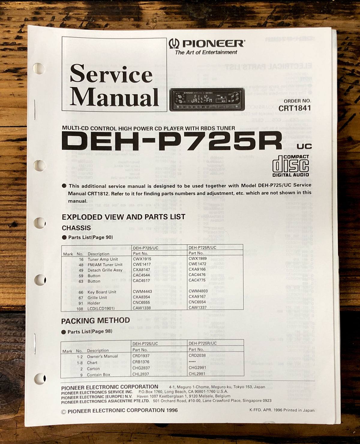 Pioneer DEH-P725R Radio Service Manual *Original*