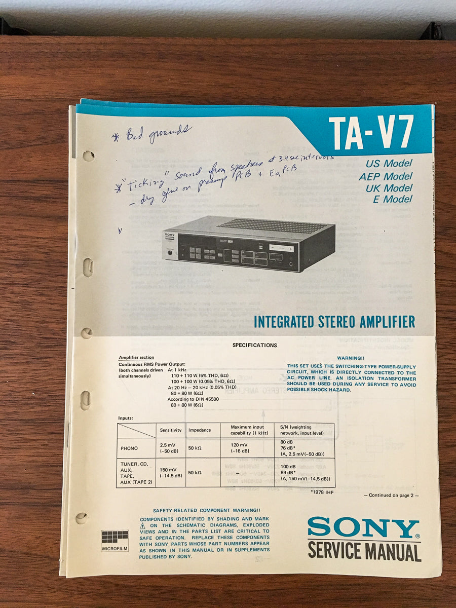Sony TA-V7 Amplifier Service Manual *Original*