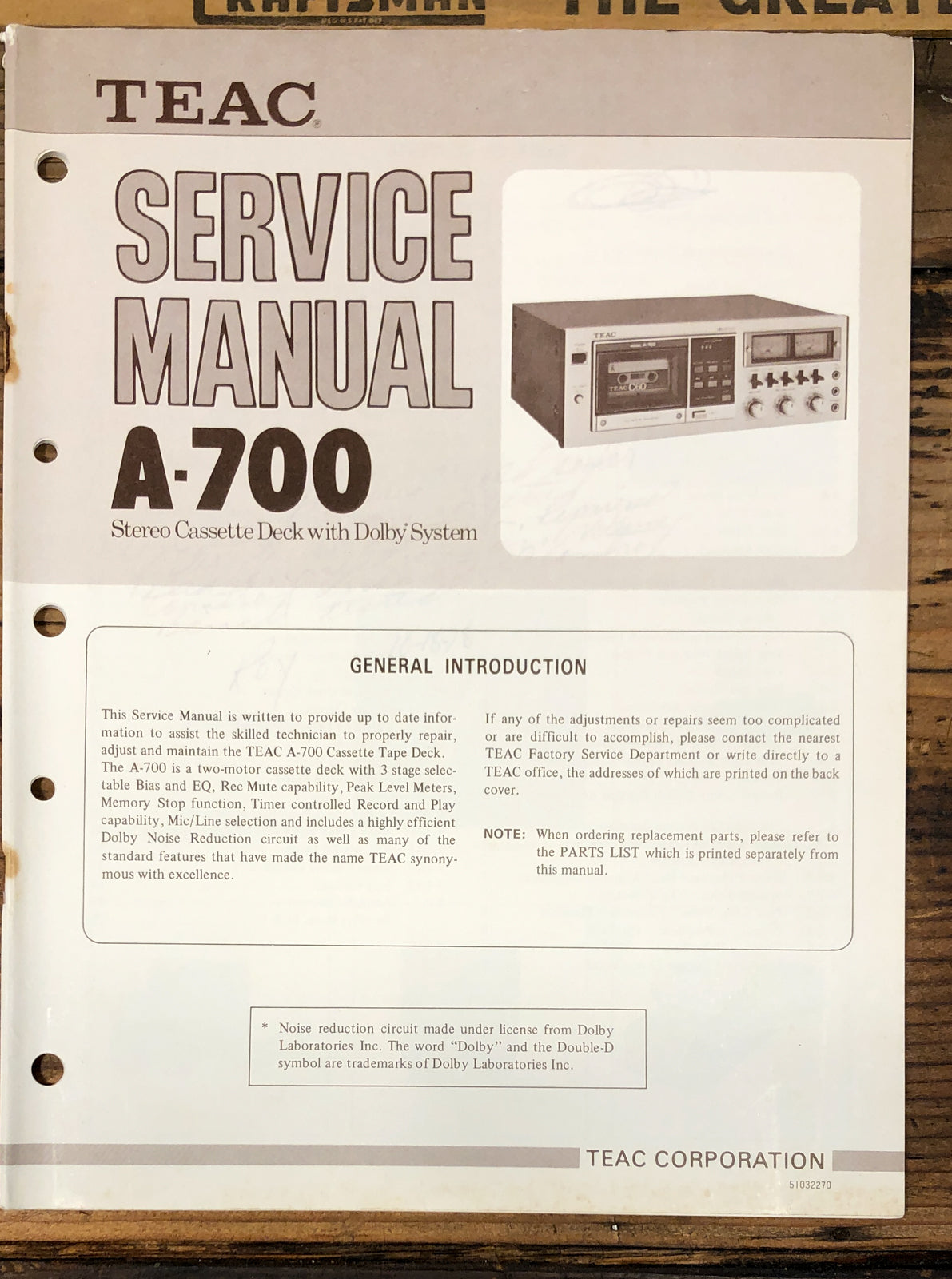TEAC A-700 Cassette Service Manual *Original*