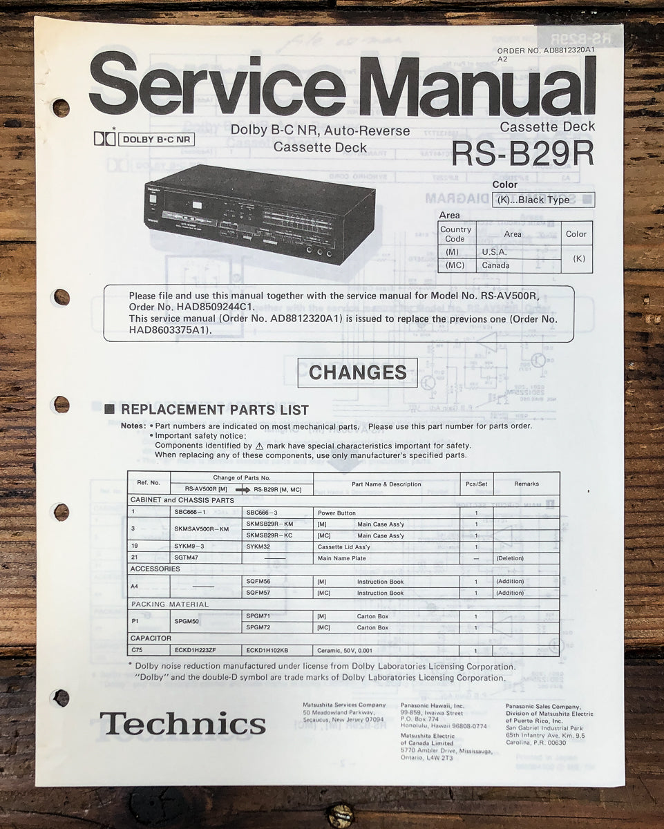 Technics RS-B29R Cassette Changes Only Service Manual *Original*