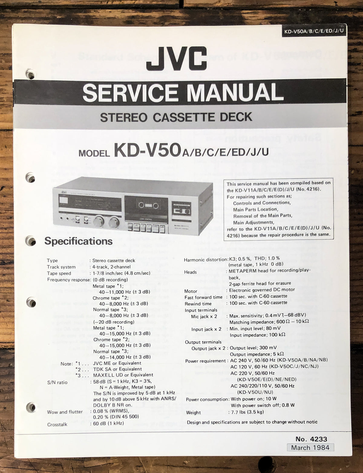 JVC KD-V50 Cassette Service Manual *Original*