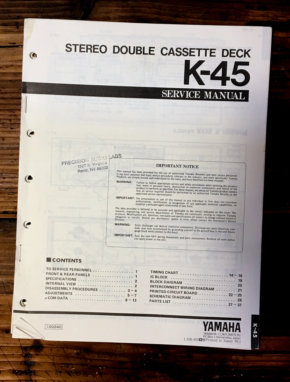 Yamaha K-45 Cassette Service Manual *Original*