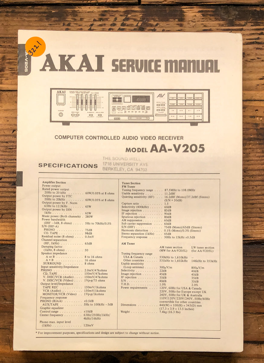 Akai AA-V205 Receiver Service Manual *Original*