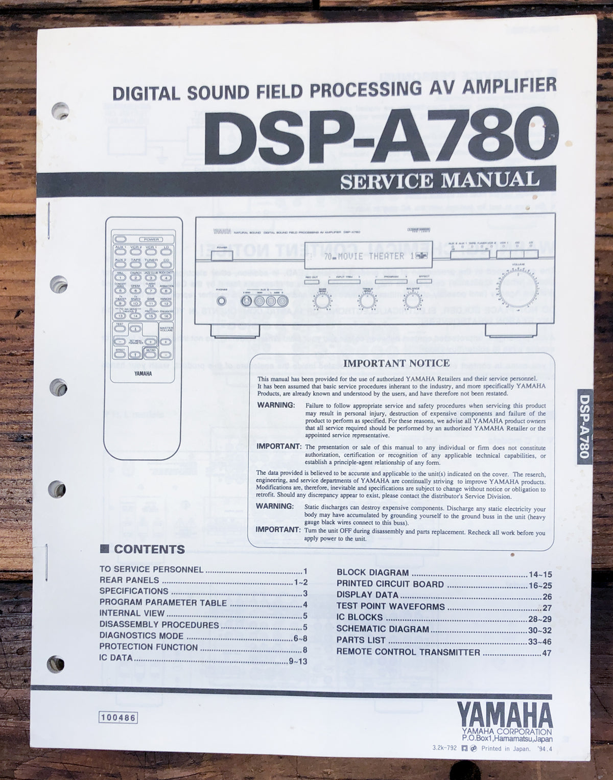 Yamaha DSP-A780 AV Amplifier Service Manual *Original*