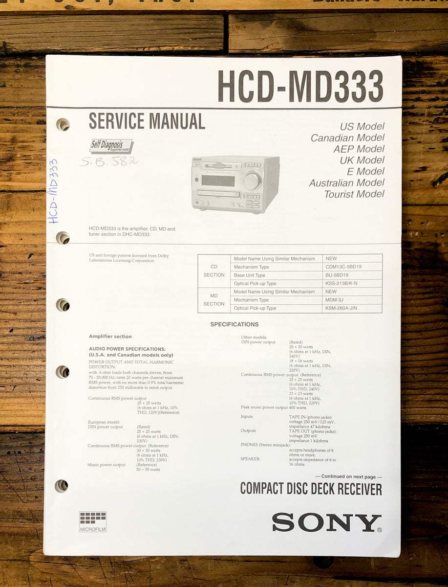 Sony HCD-MD333 MD Stereo Service Manual *Original*