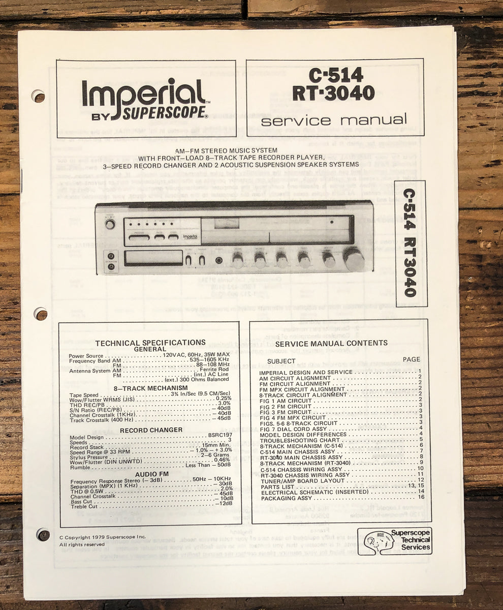 Imperial / Superscope C514 RT-3040 Stereo Service Manual *Original*