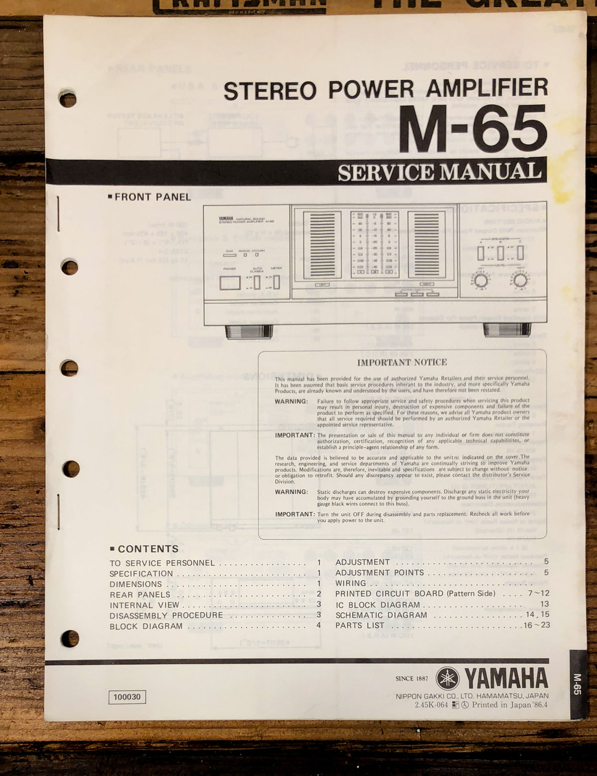Yamaha M-65 Amplifier Service Manual *Original*