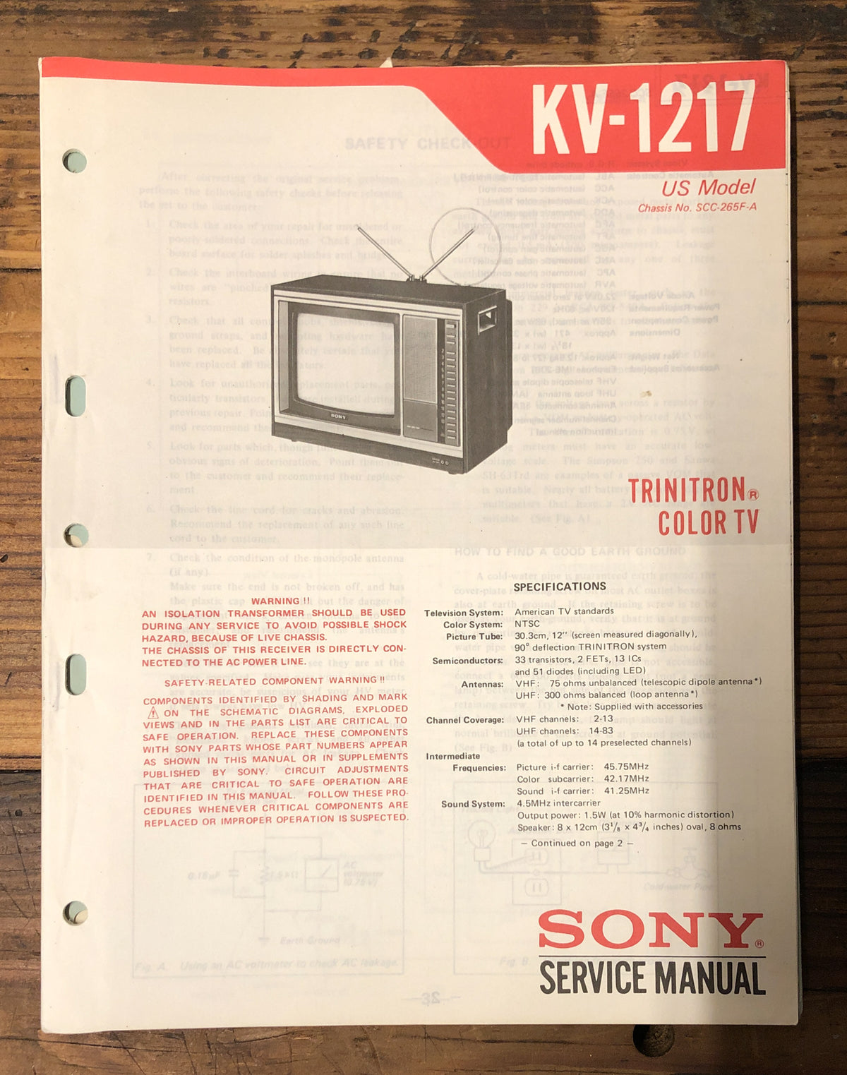 Sony KV-1217 TV Service Manual *Original*