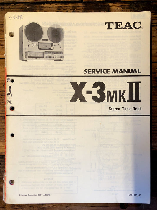 Teac X-3 MK2 MKII Reel to Reel  Service Manual *Original*