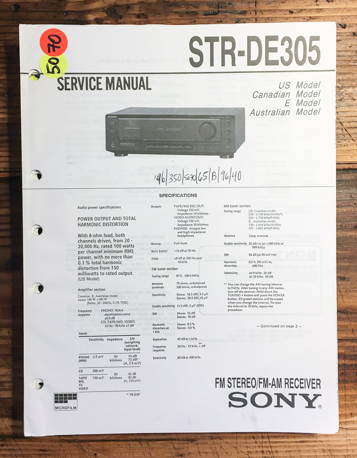 Sony STR-DE305 Receiver Service Manual *Original*