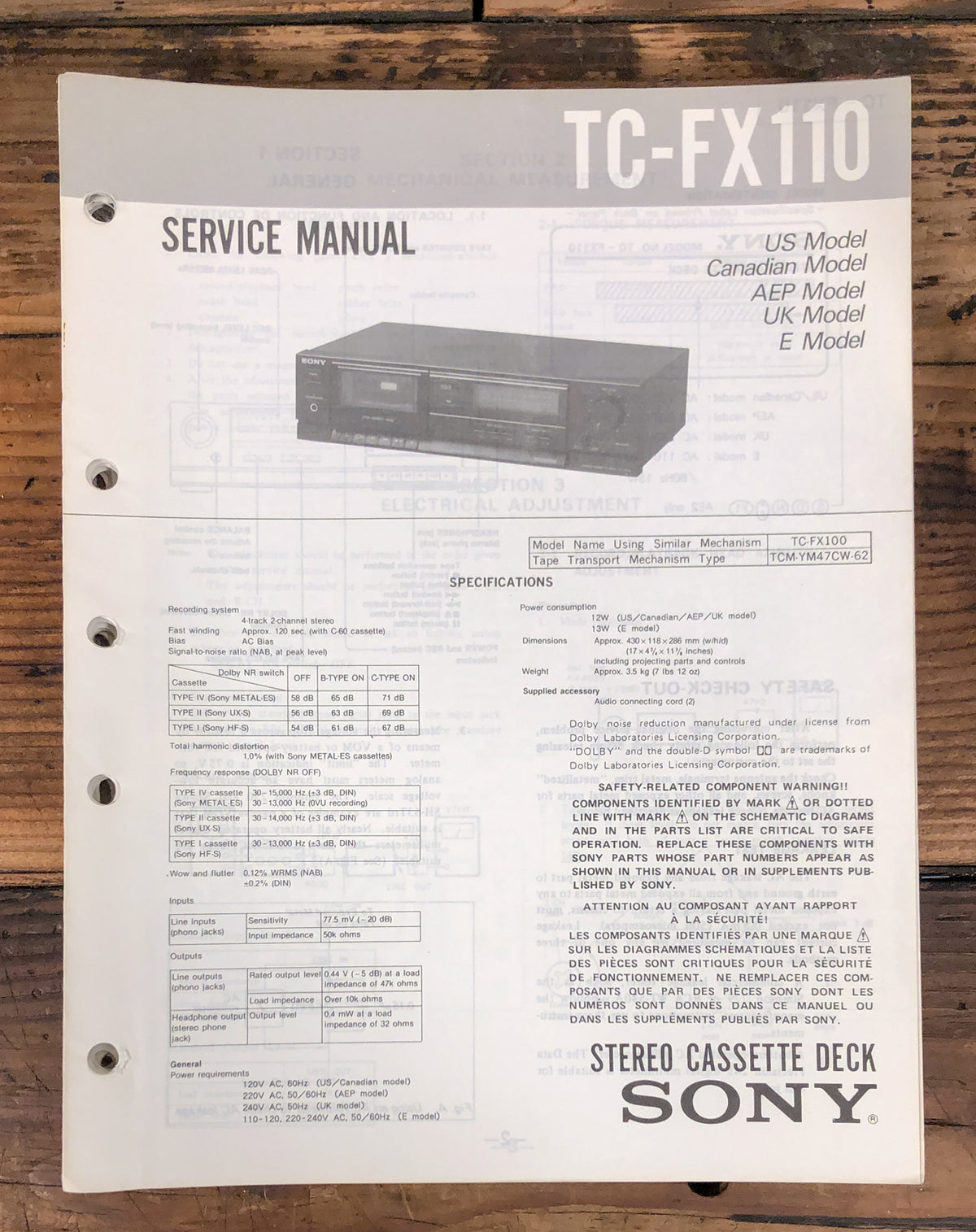 Sony TC-FX110 Cassette Service Manual *Original*