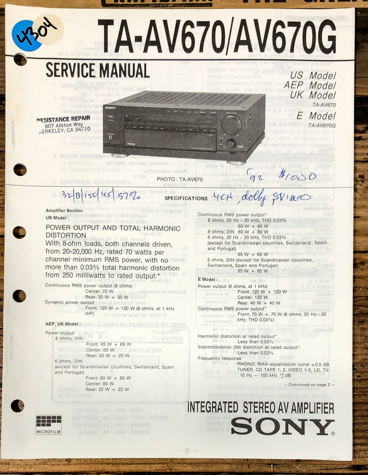 Sony TA-AV670 TA-AV670G Amplifier Service Manual *Original*