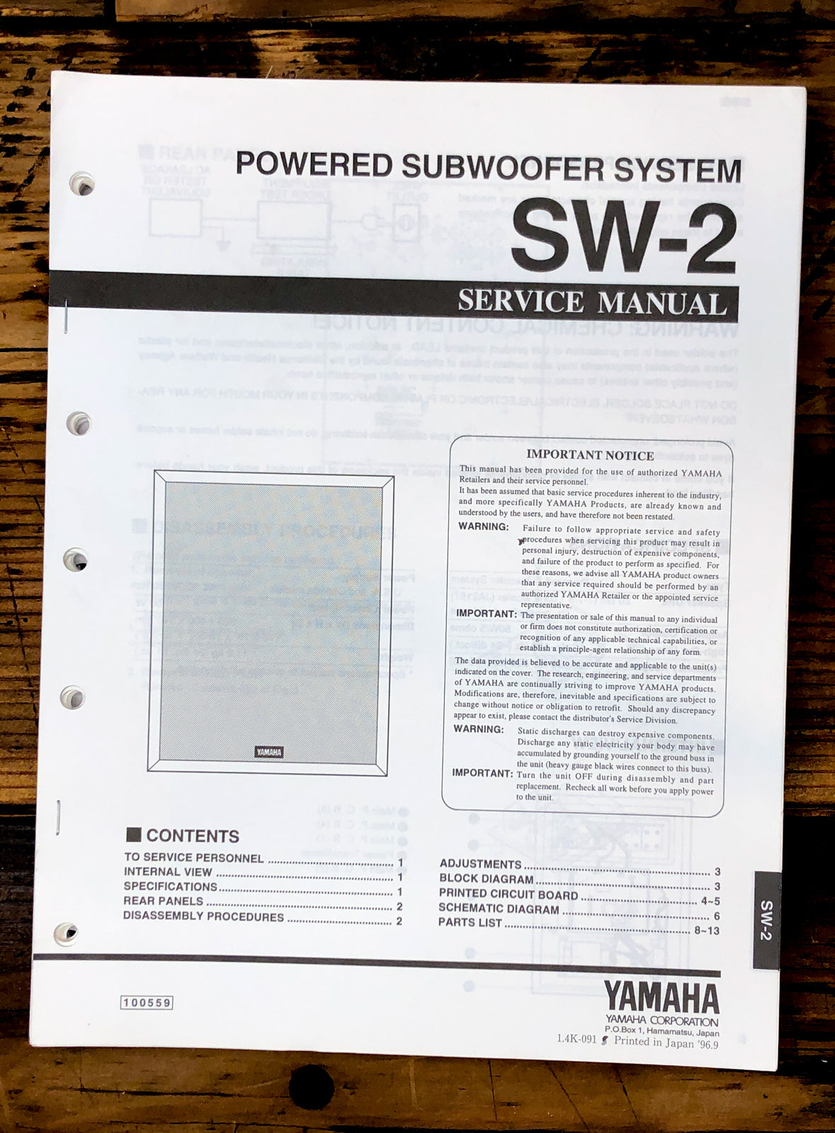 Yamaha SW-2 Subwoofer Service Manual *Original*