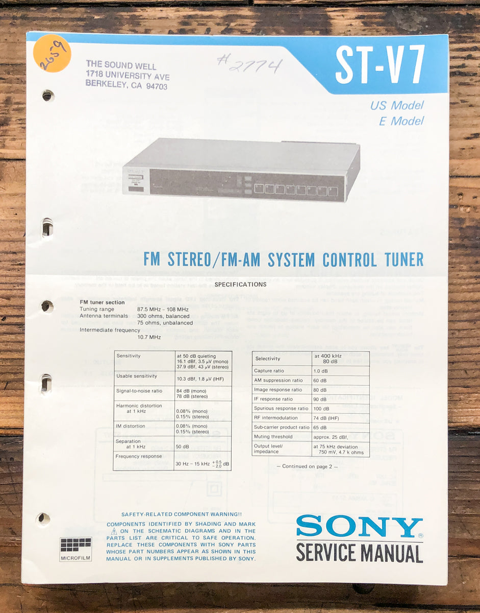 Sony ST-V7 Tuner Service Manual *Original*